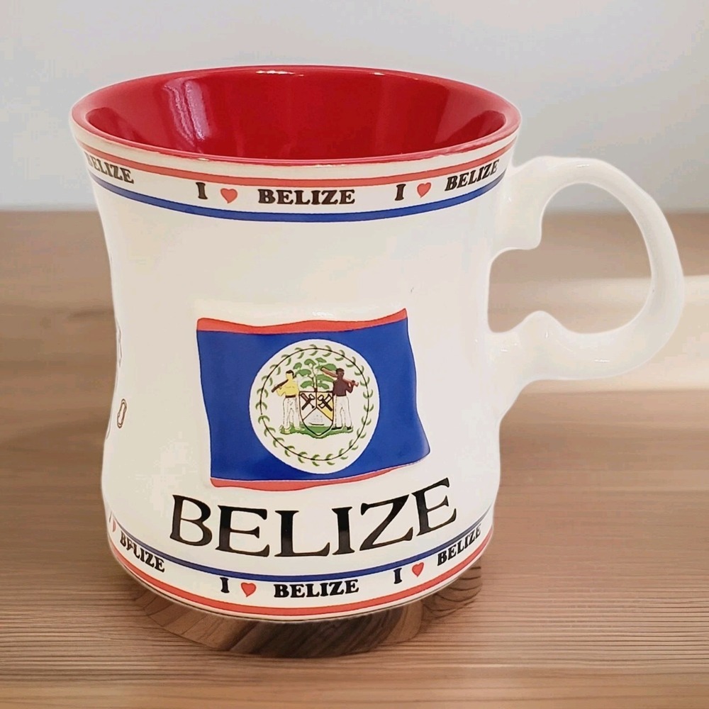 12 oz I ❤️Belize Coffee Tea Mug Embossed Coat of Arms Map Travel